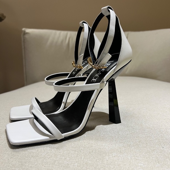 Versace White Safety Pin Heel Sandals - Picture 2 of 6